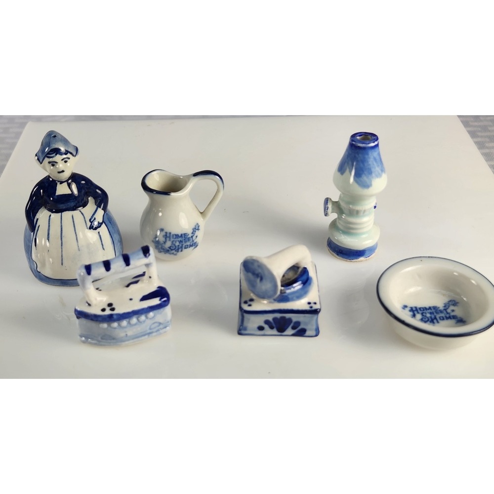 Vintage Blue White Delft Miniatures Woman, Victrola, Lamp, Iron, Bowl, Pitcher